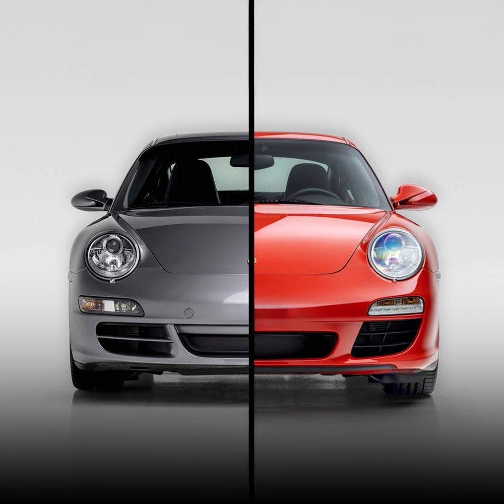 silver porsche 997.1 split comparison with red porsche 997.2