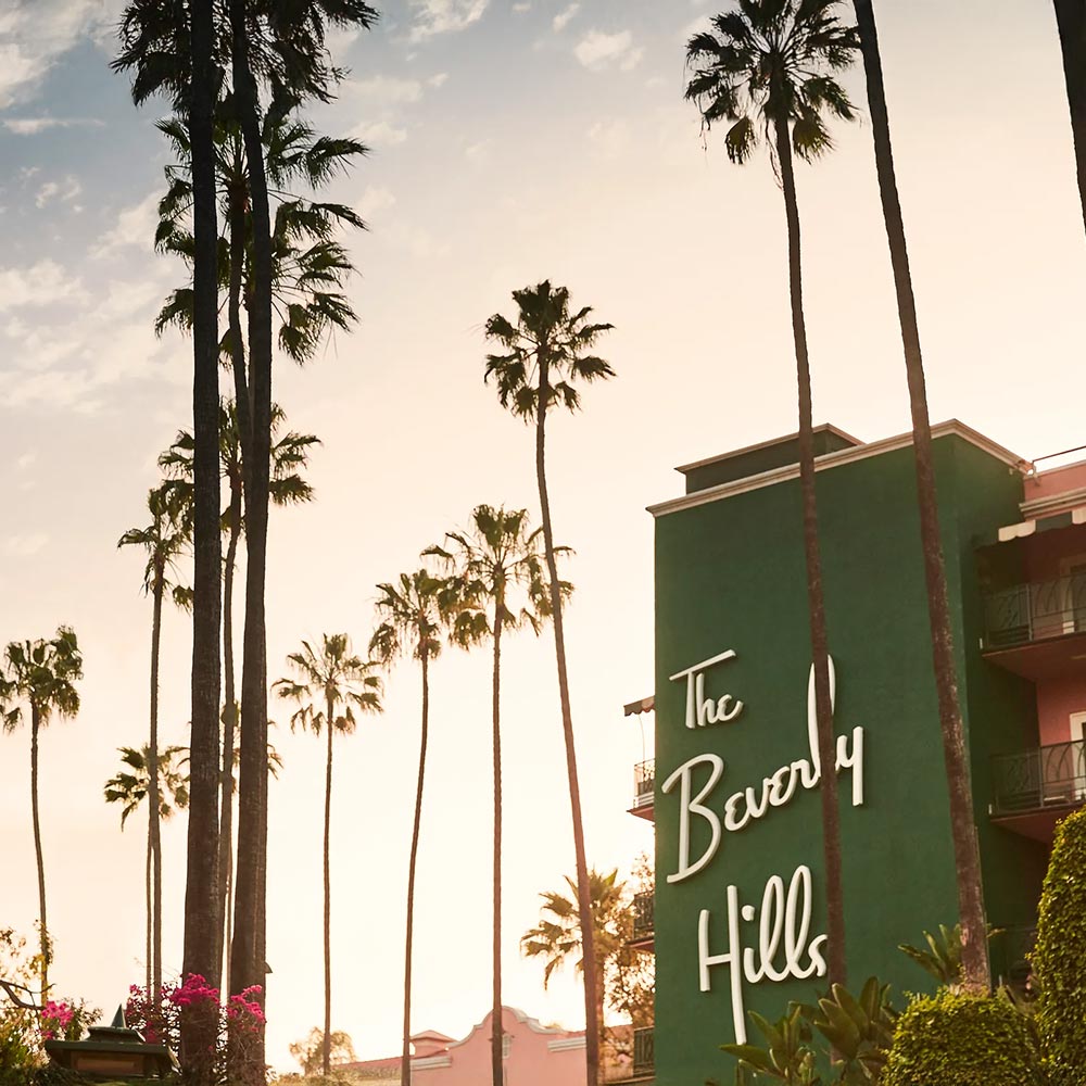 the beverly hills hotel sign during sunset with palm trees in the background and foreground