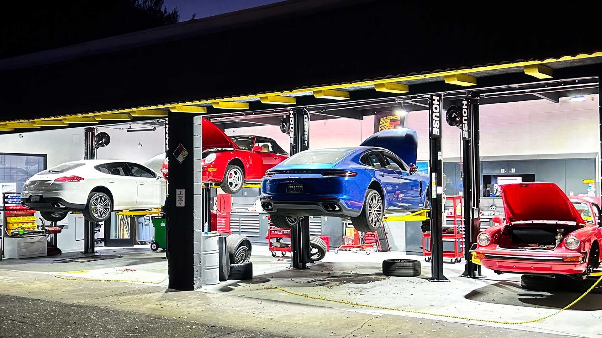 los angeles porsche service center house automotive at night