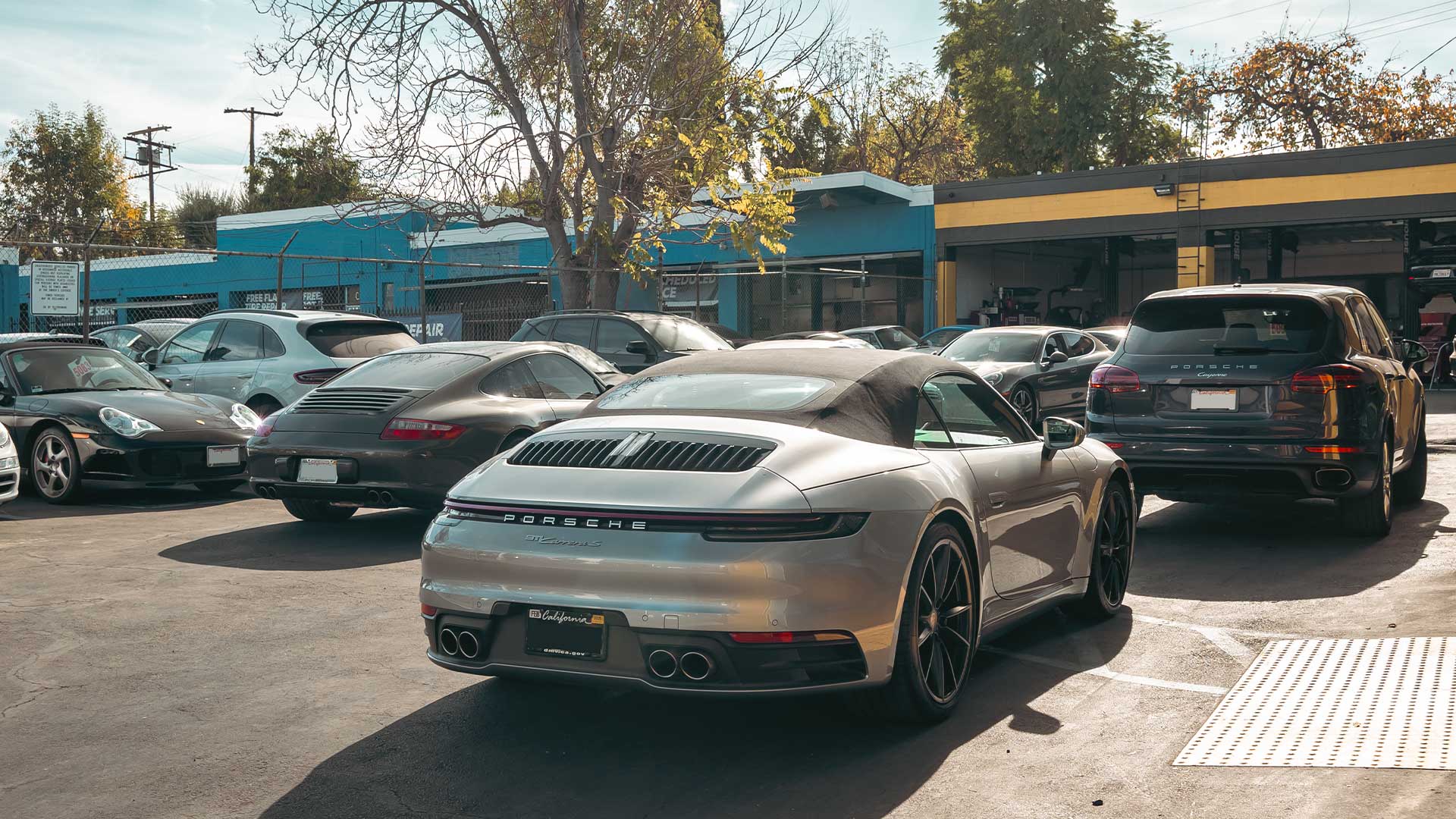 various porsche cars at los angeles porsche service center house automotive